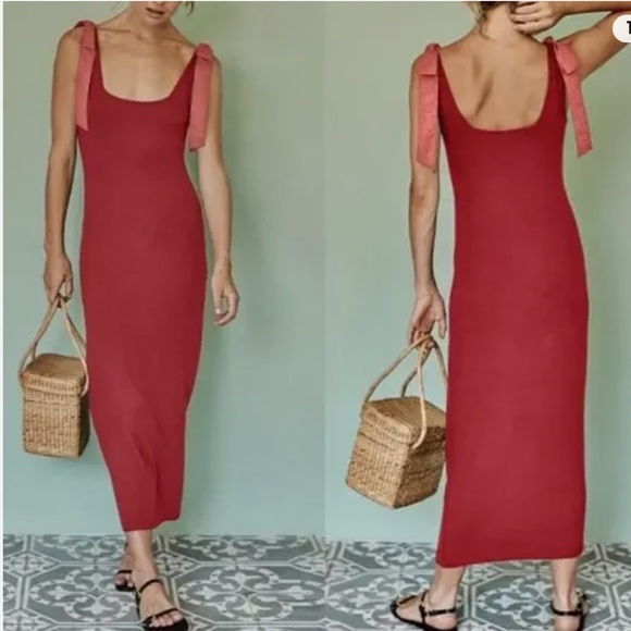 Summersalt Poplin Ribbed Tie Shoulder Bow Sleeveless Maxi Dress, size L - Picture 1 of 4